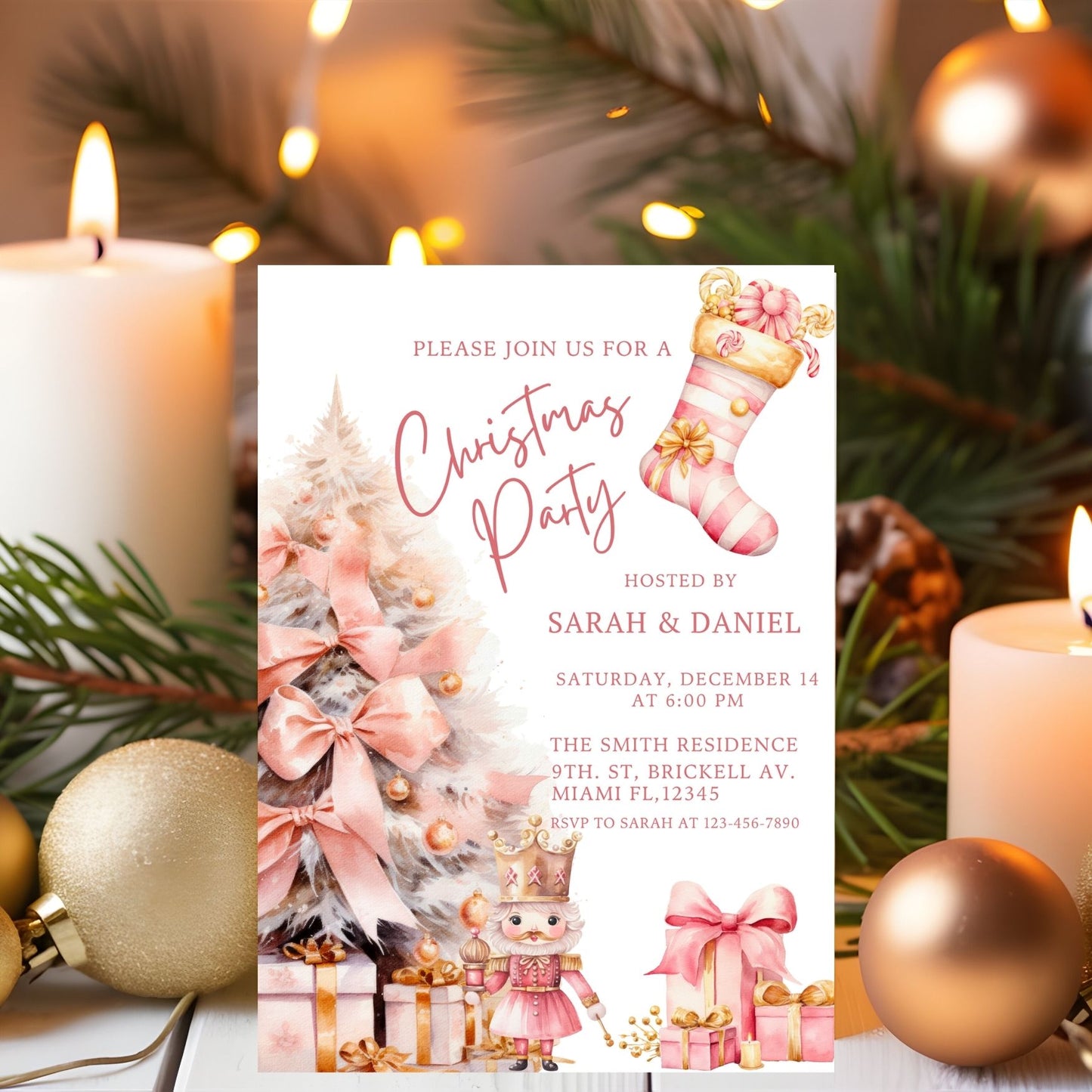 Pink Tree Christmas party invitation with festive decorations and candles.