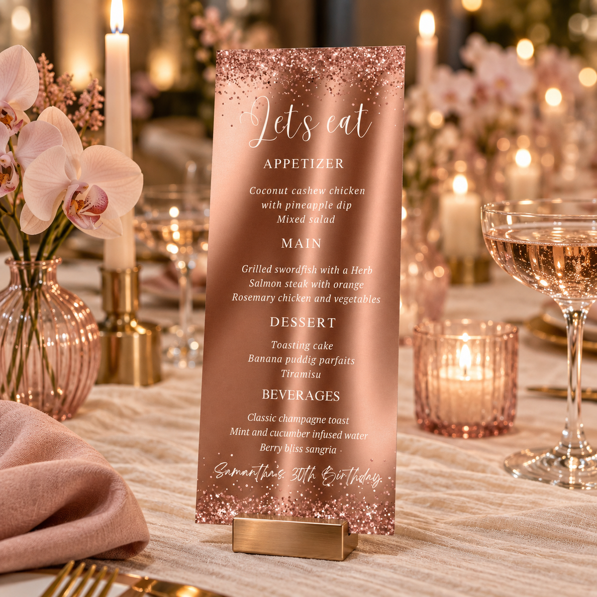 Editable Rose Gold Menu Template displayed on an elegant table, featuring appetizers, main dishes, desserts, and beverages.