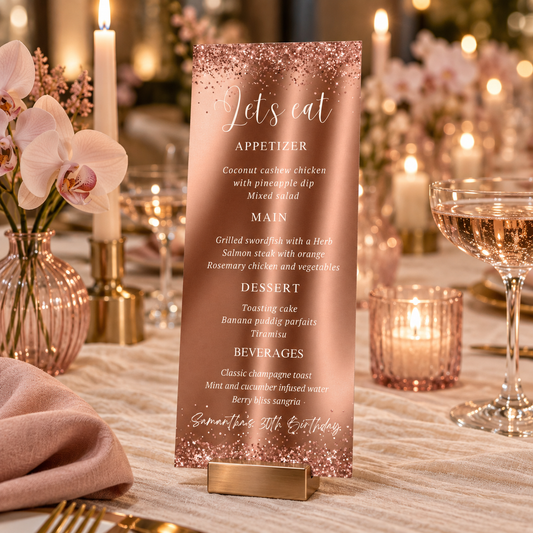 Editable Rose Gold Menu Template displayed on an elegant table, featuring appetizers, main dishes, desserts, and beverages.
