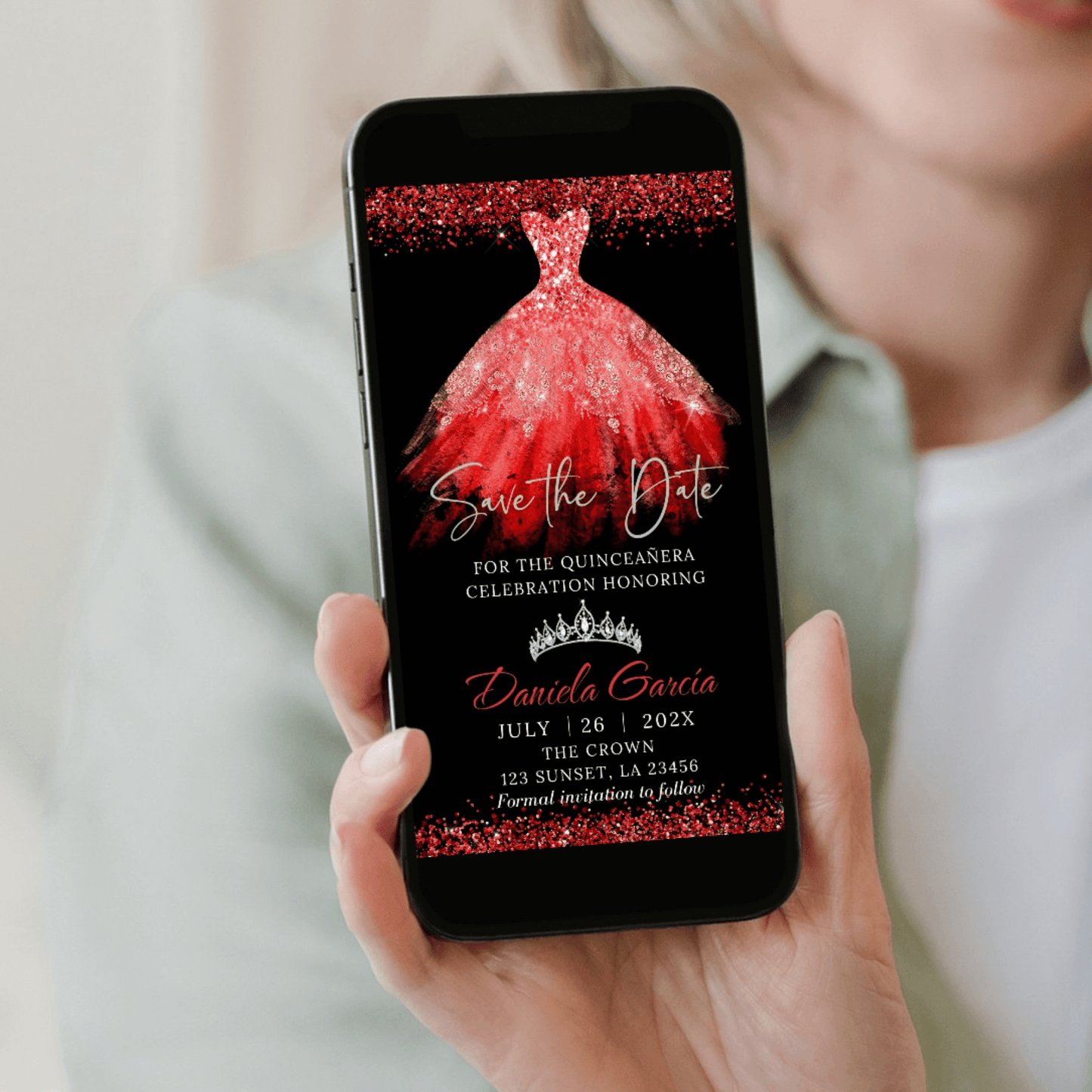 Red Princess Dress Quinceañera Invitation