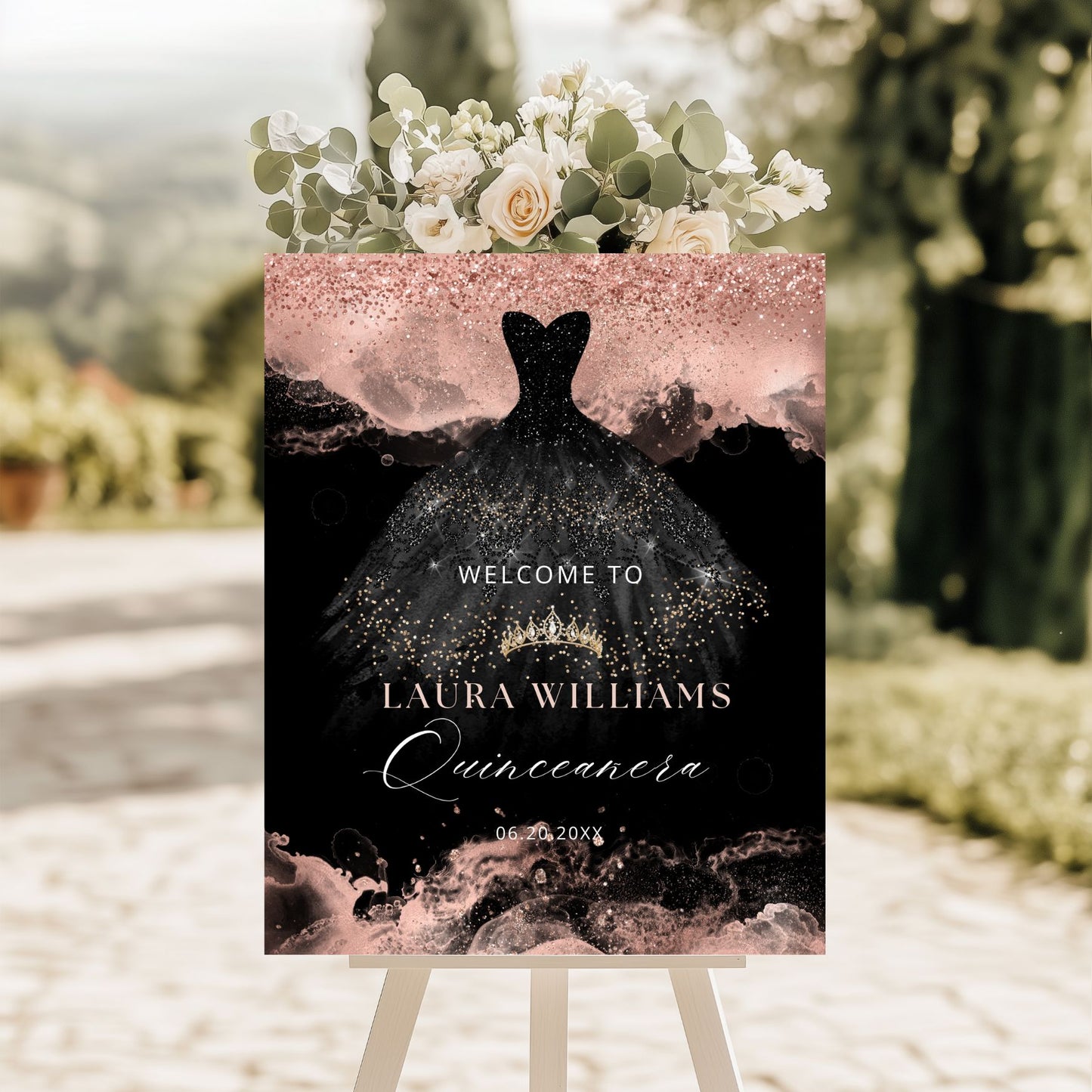 Black and Rose Gold Princess Quinceanera Welcome Sign