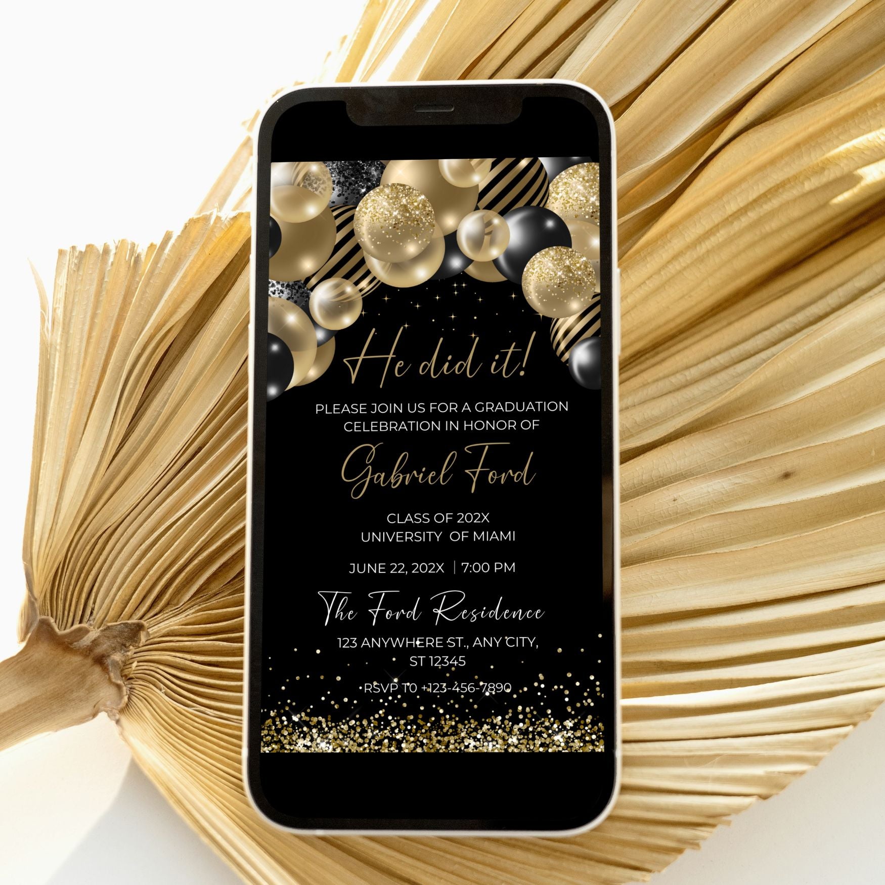 Editable Gold & Black Balloons Graduation Invite Template
