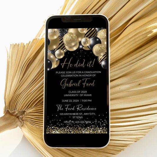 Editable Gold & Black Balloons Graduation Invite Template