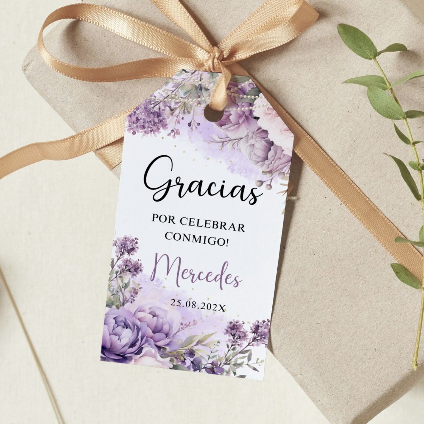 Editable Spanish Purple Floral and Pearls Thank You Tag