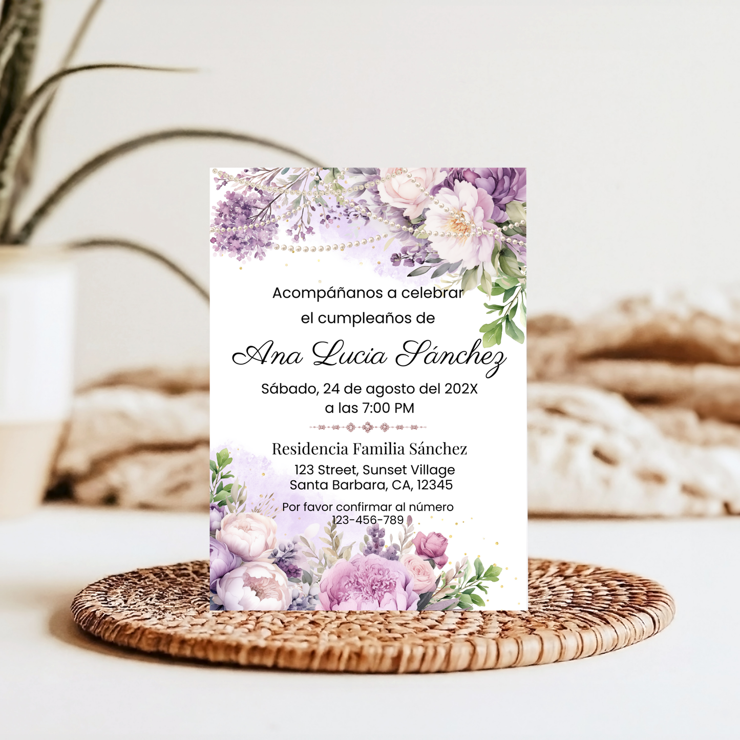 Spanish Purple Floral and Pearls Birthday Invitation