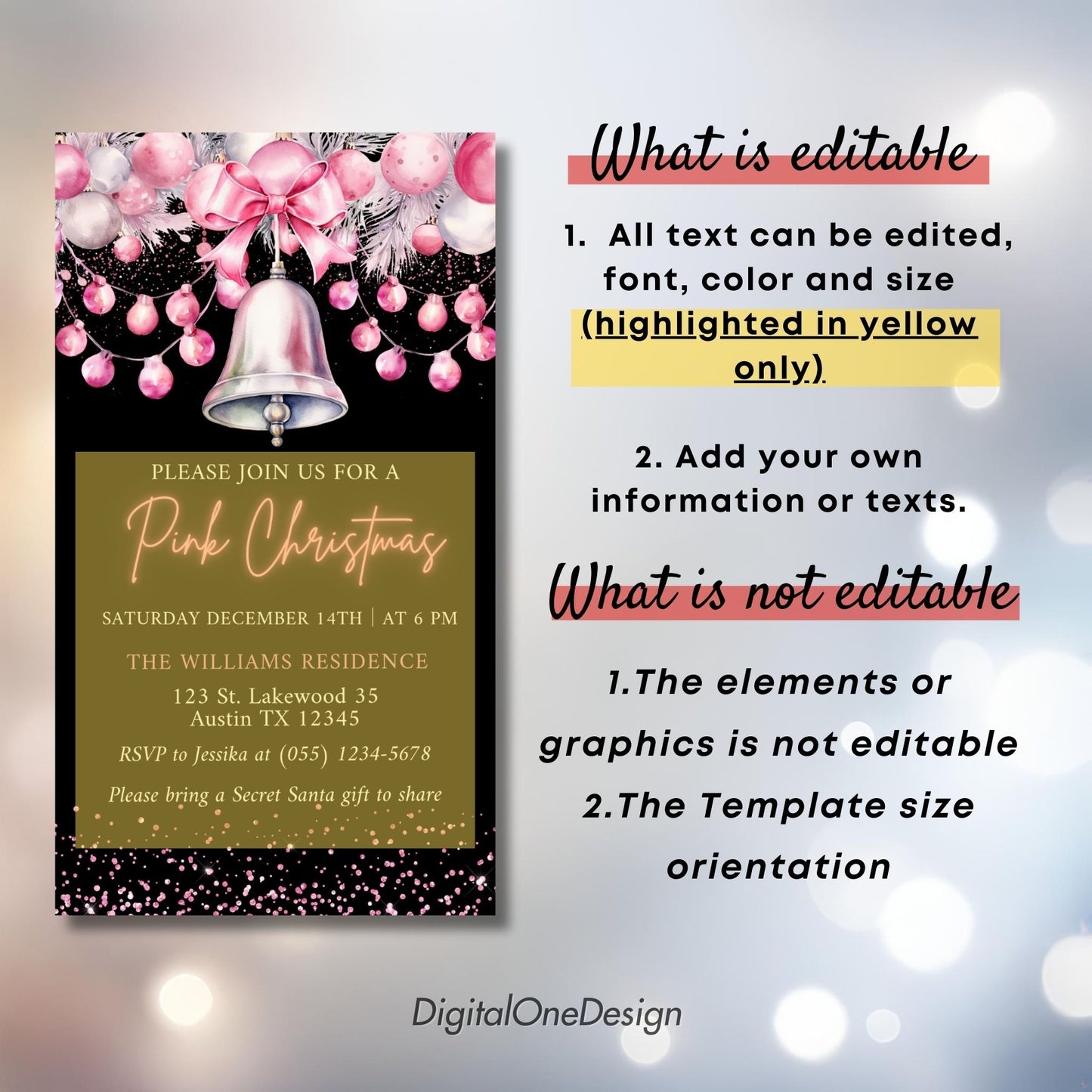 Pink Christmas invitation with editable text on a festive background