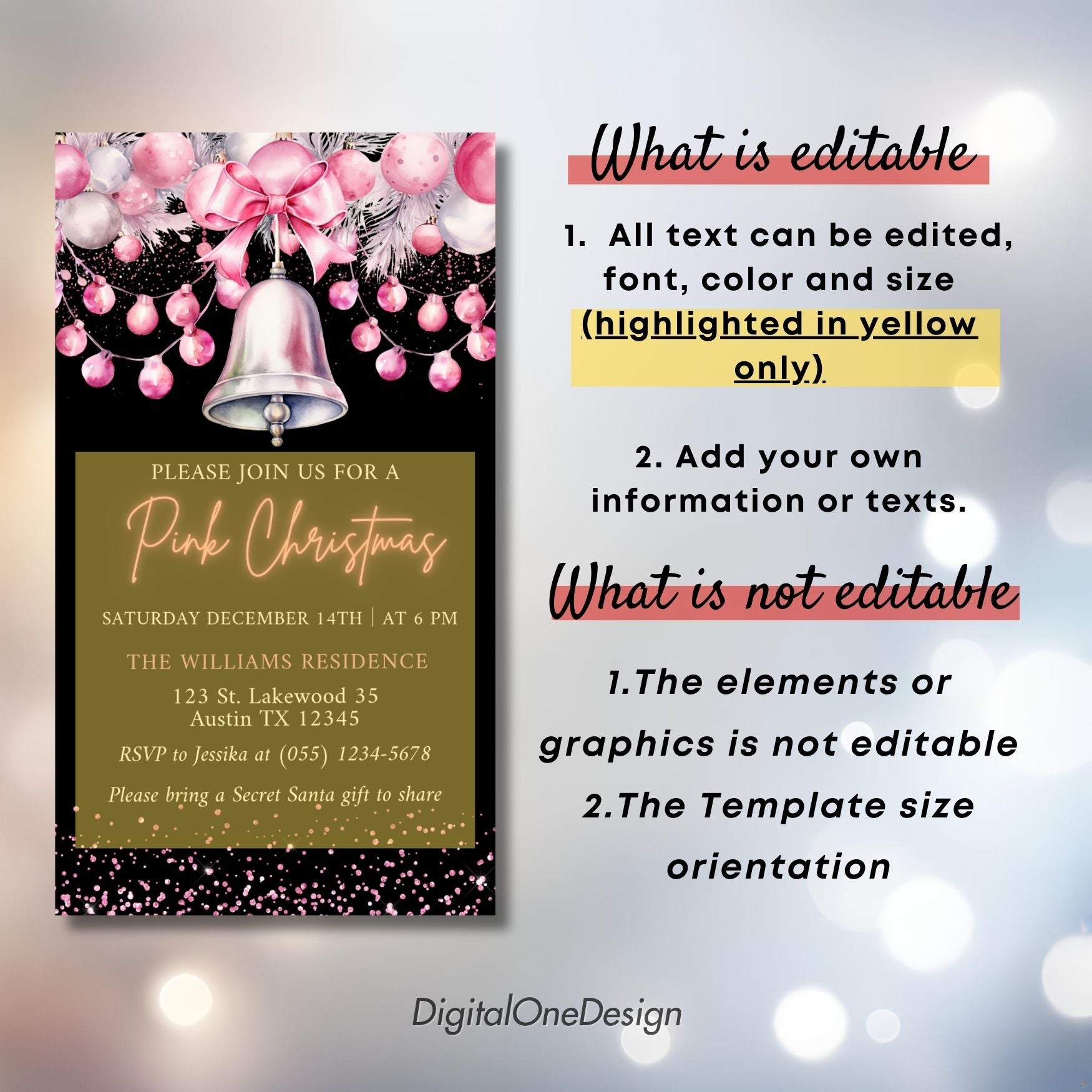 Pink Christmas invitation with editable text on a festive background