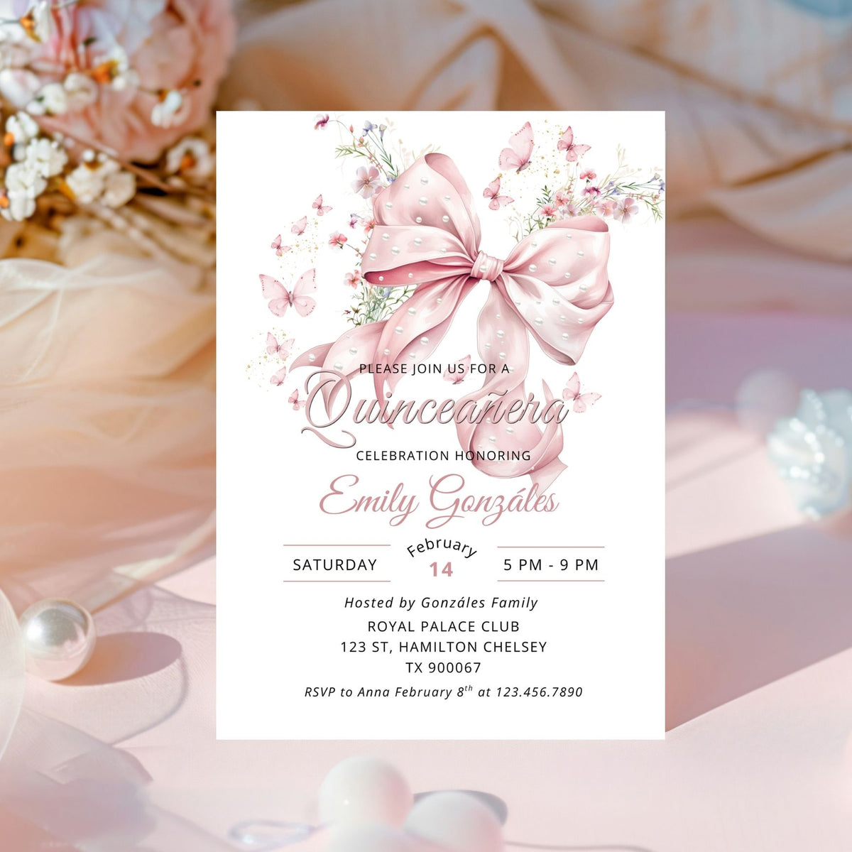 Quinceanera invitation card with pink bow and floral design 
