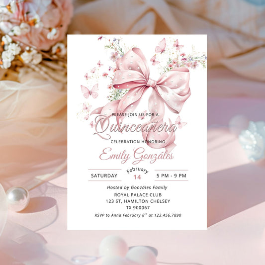 Quinceanera invitation card with pink bow and floral design 