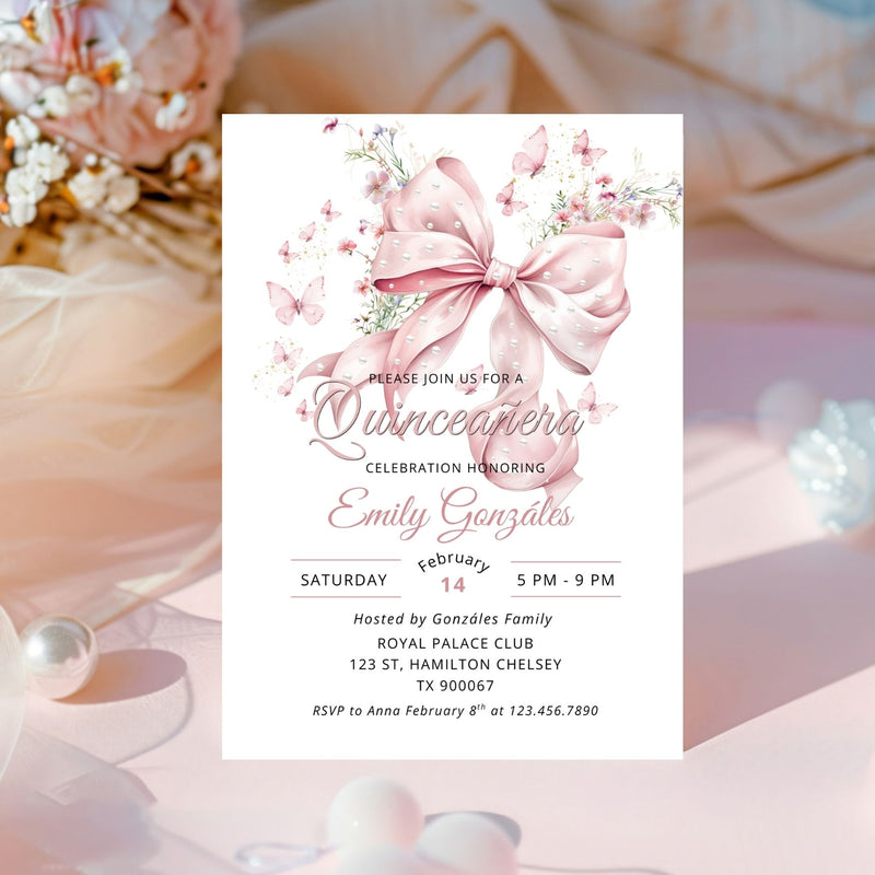 Quinceanera invitation card with pink bow and floral design 