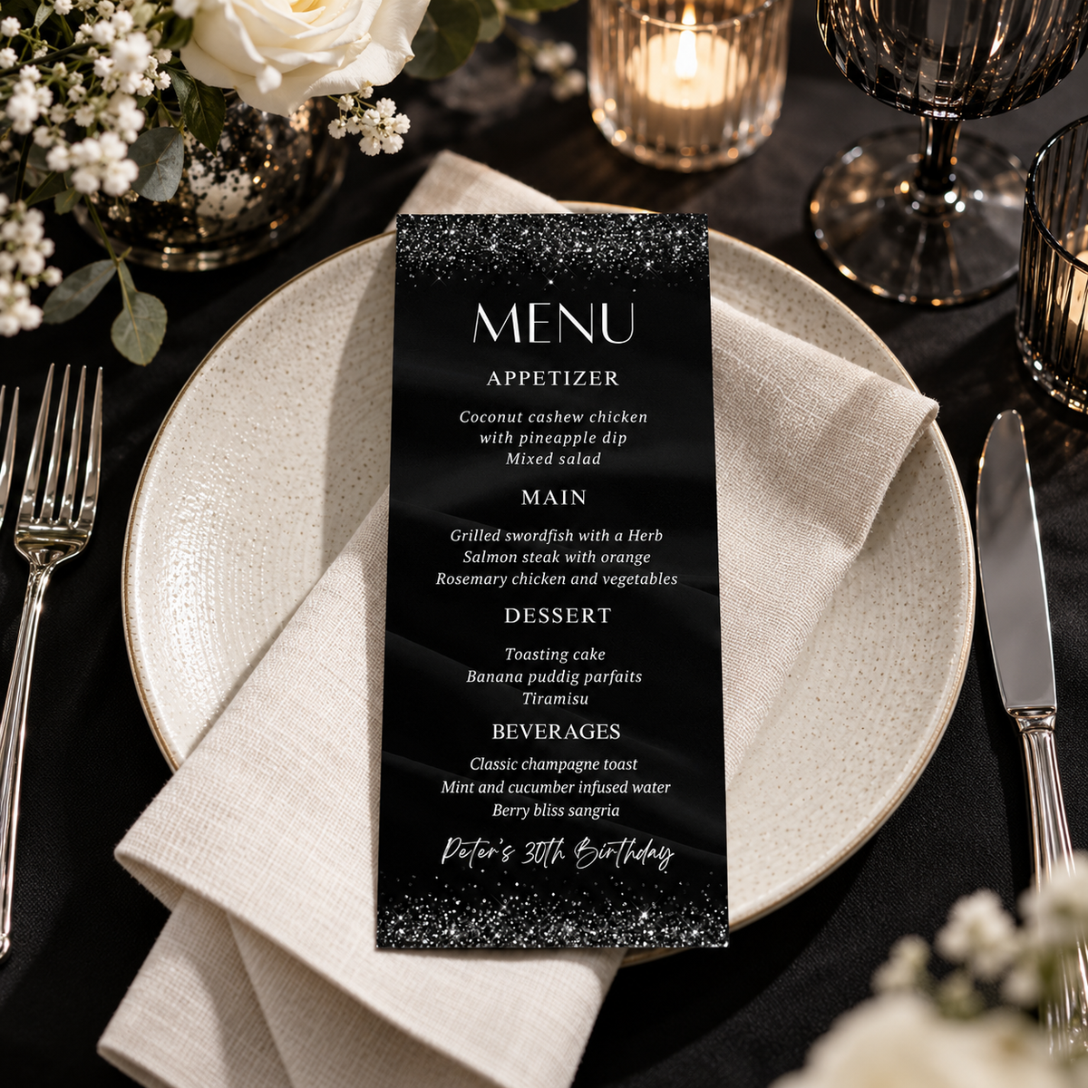 Elegant Black & Silver Birthday Menu Template displayed on a stylish table setting.