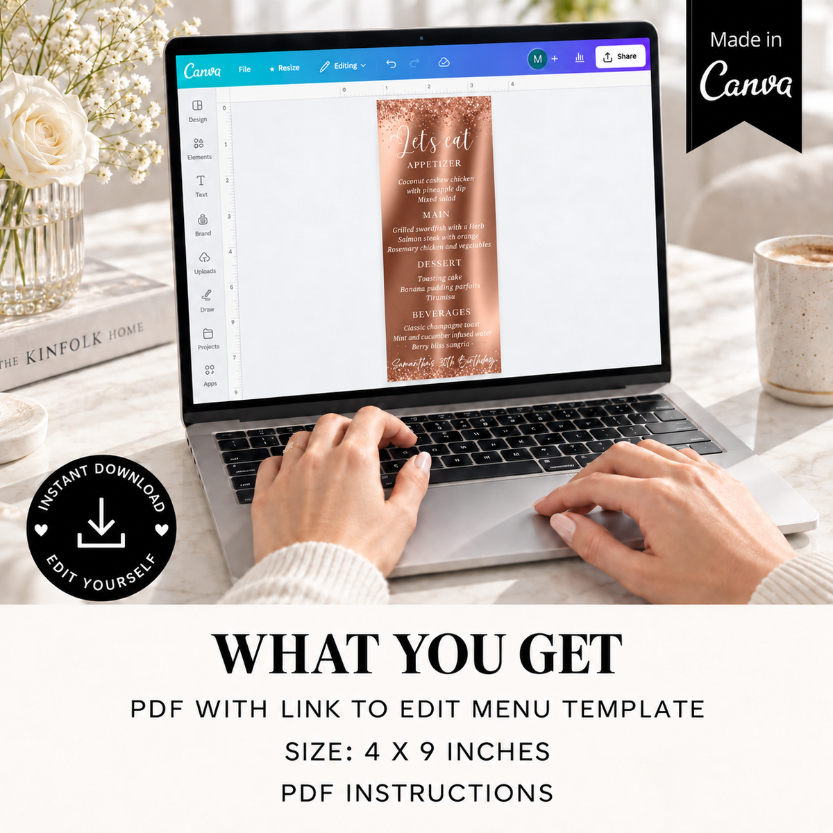 Editable Rose Gold Menu Template displayed on a laptop with editable features and instructions.