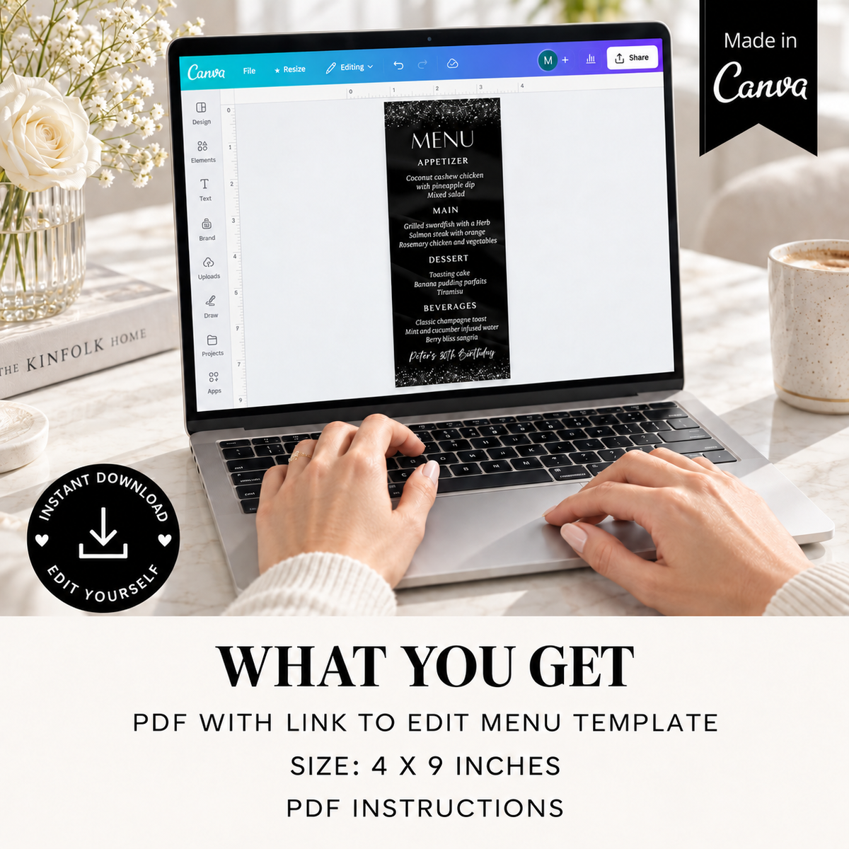Elegant Black & Silver Birthday Menu Template displayed on a laptop, showcasing editable PDF menu design.