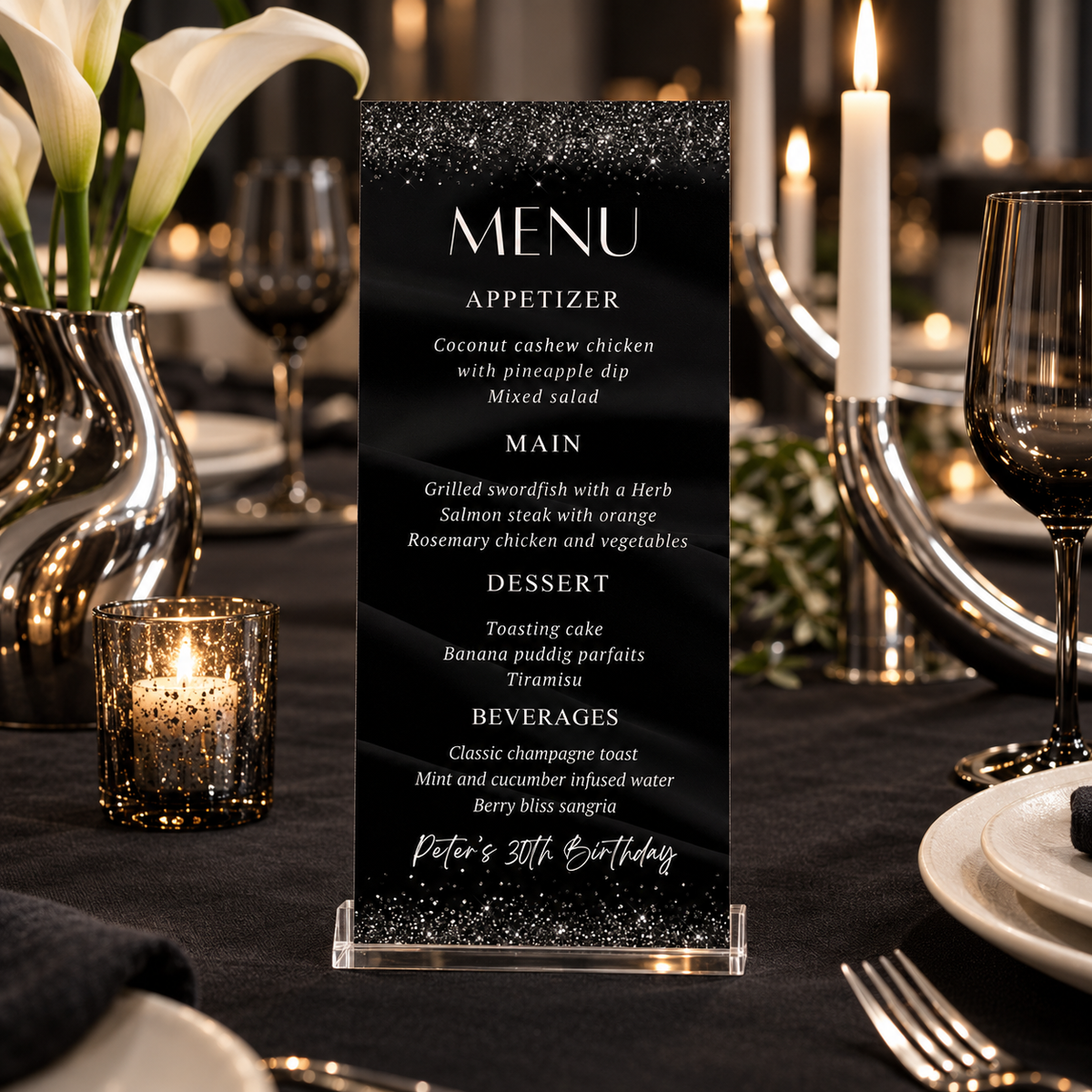 Elegant Black & Silver Birthday Menu Template displayed on a table for a stylish birthday dinner.