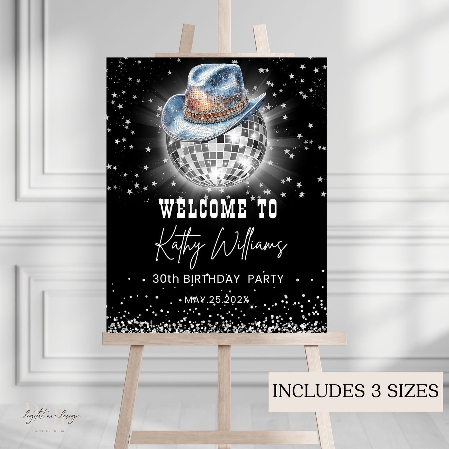 Party sign with disco ball and hat on an easel against a white wall.