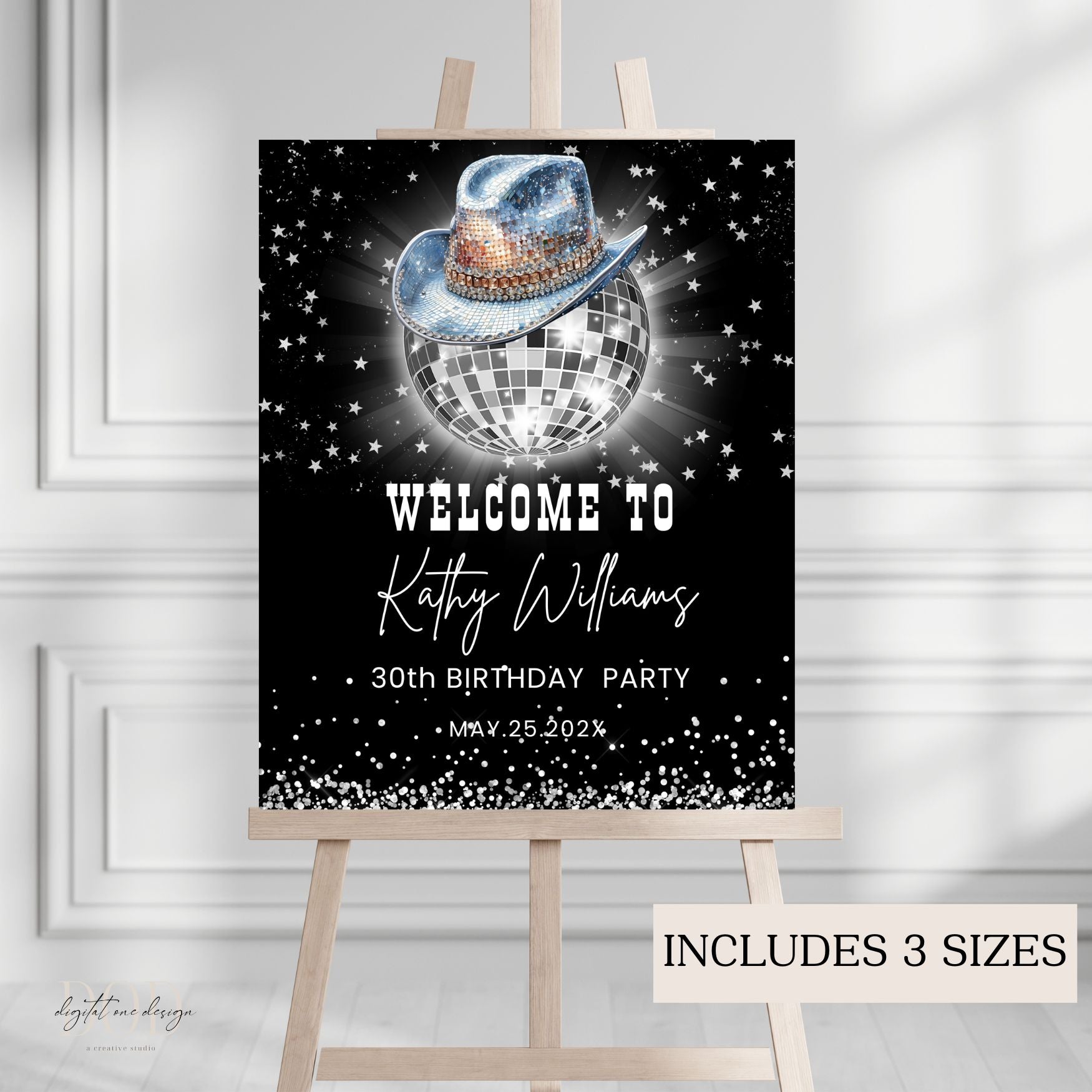 Party sign with disco ball and hat on an easel against a white wall.