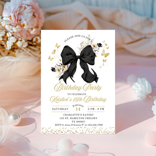 Elegant Black Bow Coquette 15th Birthday Invitation Template