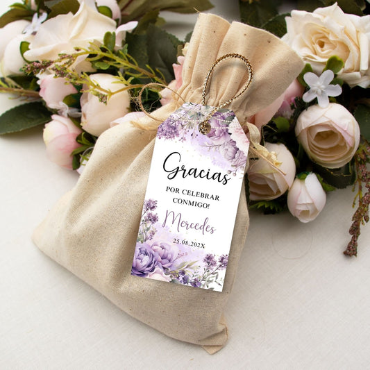Editable Spanish Purple Floral and Pearls Thank You Tag