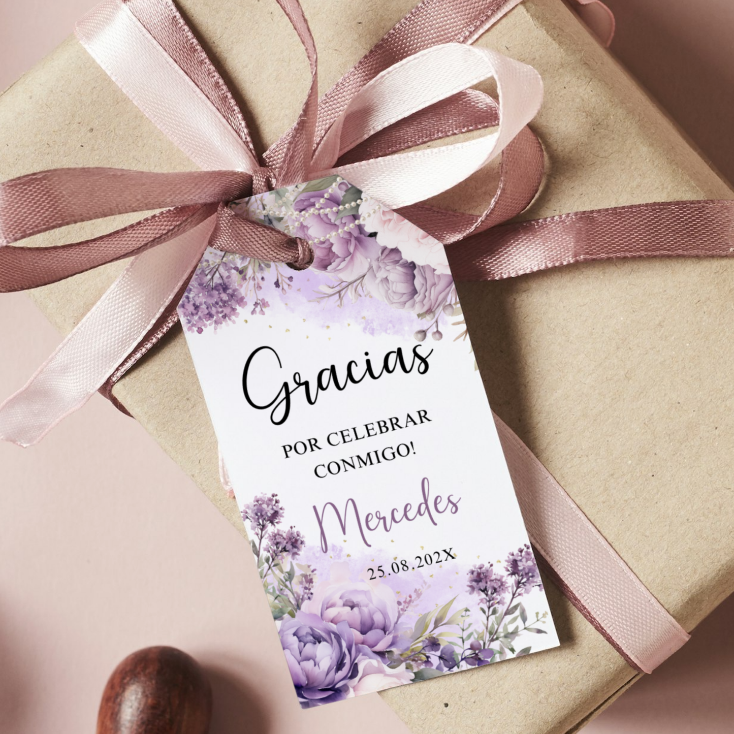 Editable Spanish Purple Floral and Pearls Thank You Tag