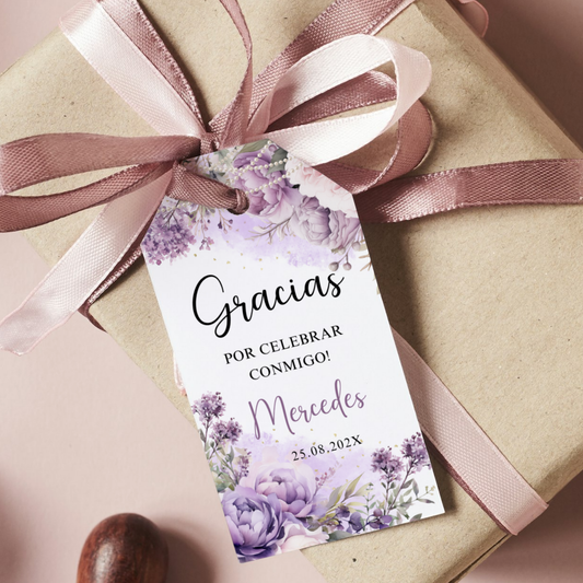 Editable Spanish Purple Floral and Pearls Thank You Tag