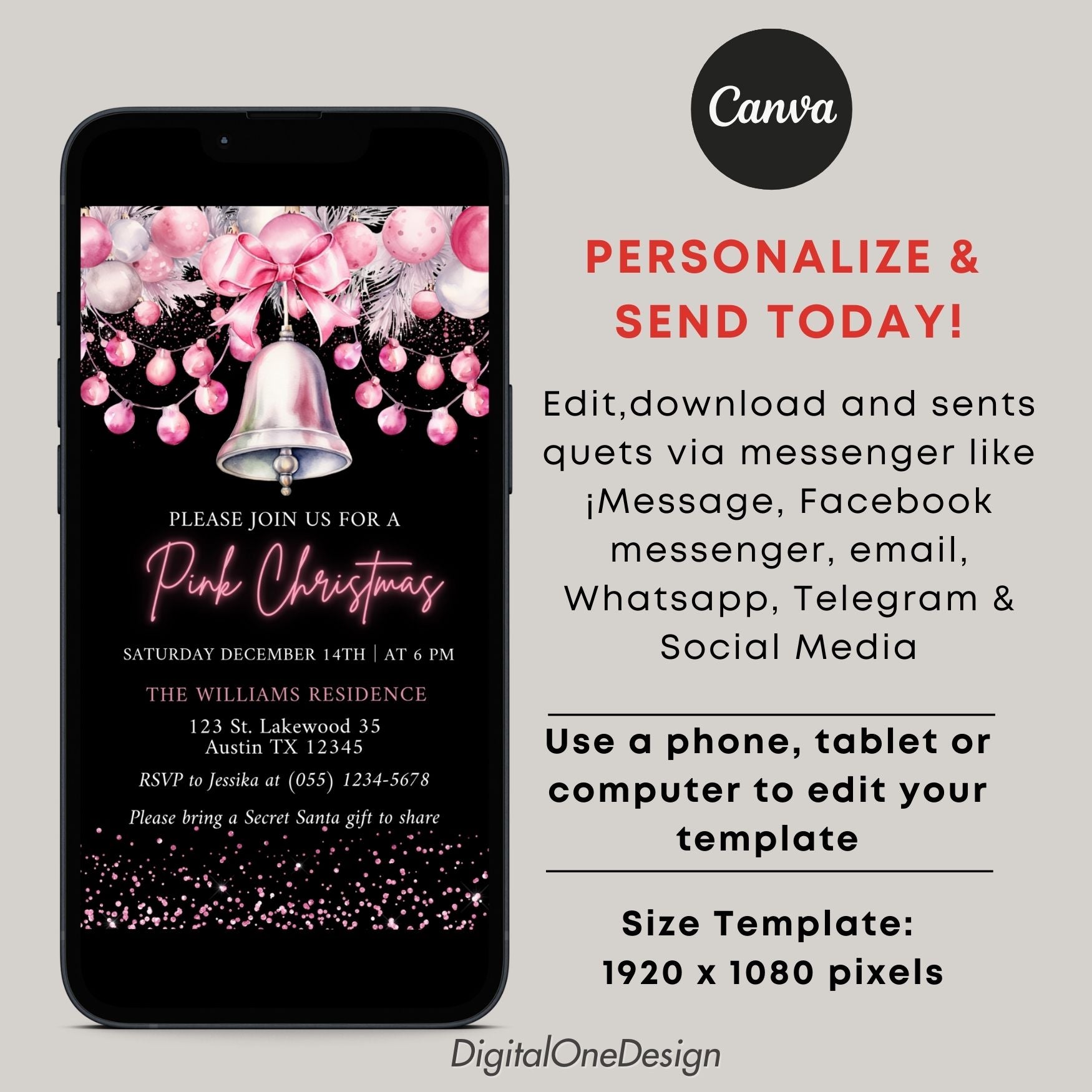 Phone with pink Christmas invitation on a gray background, featuring Canva branding.
