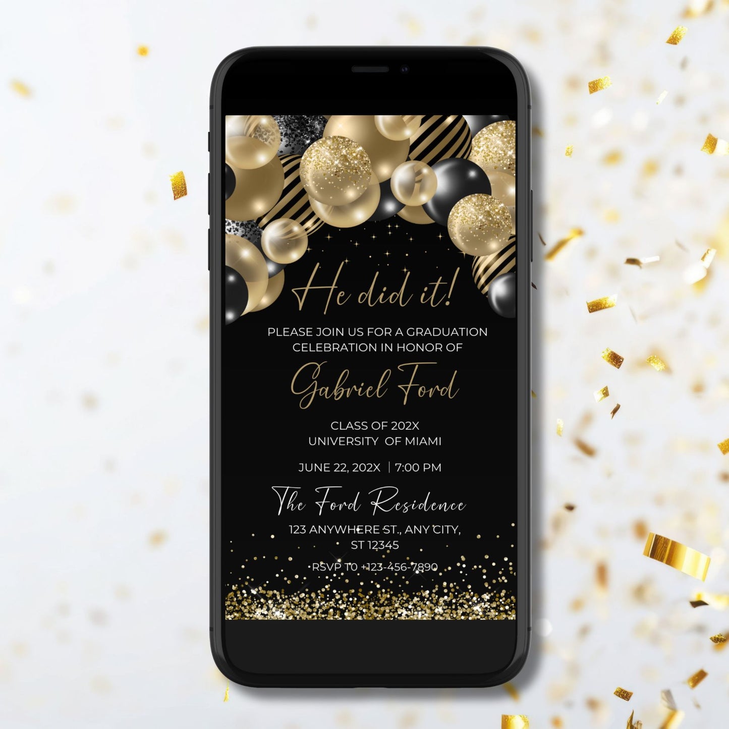 Editable Gold & Black Balloons Graduation Invite Template