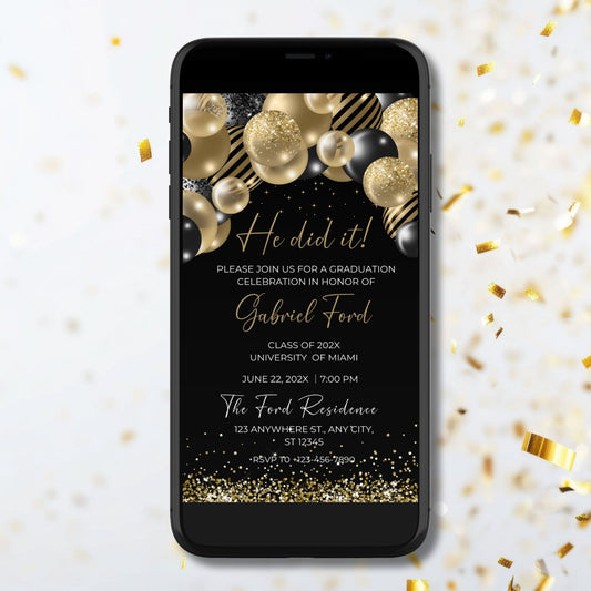 Editable Gold & Black Balloons Graduation Invite Template