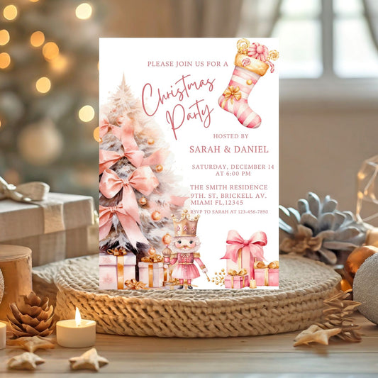 Pink Christmas party invitation card with festive design on a decorative table.