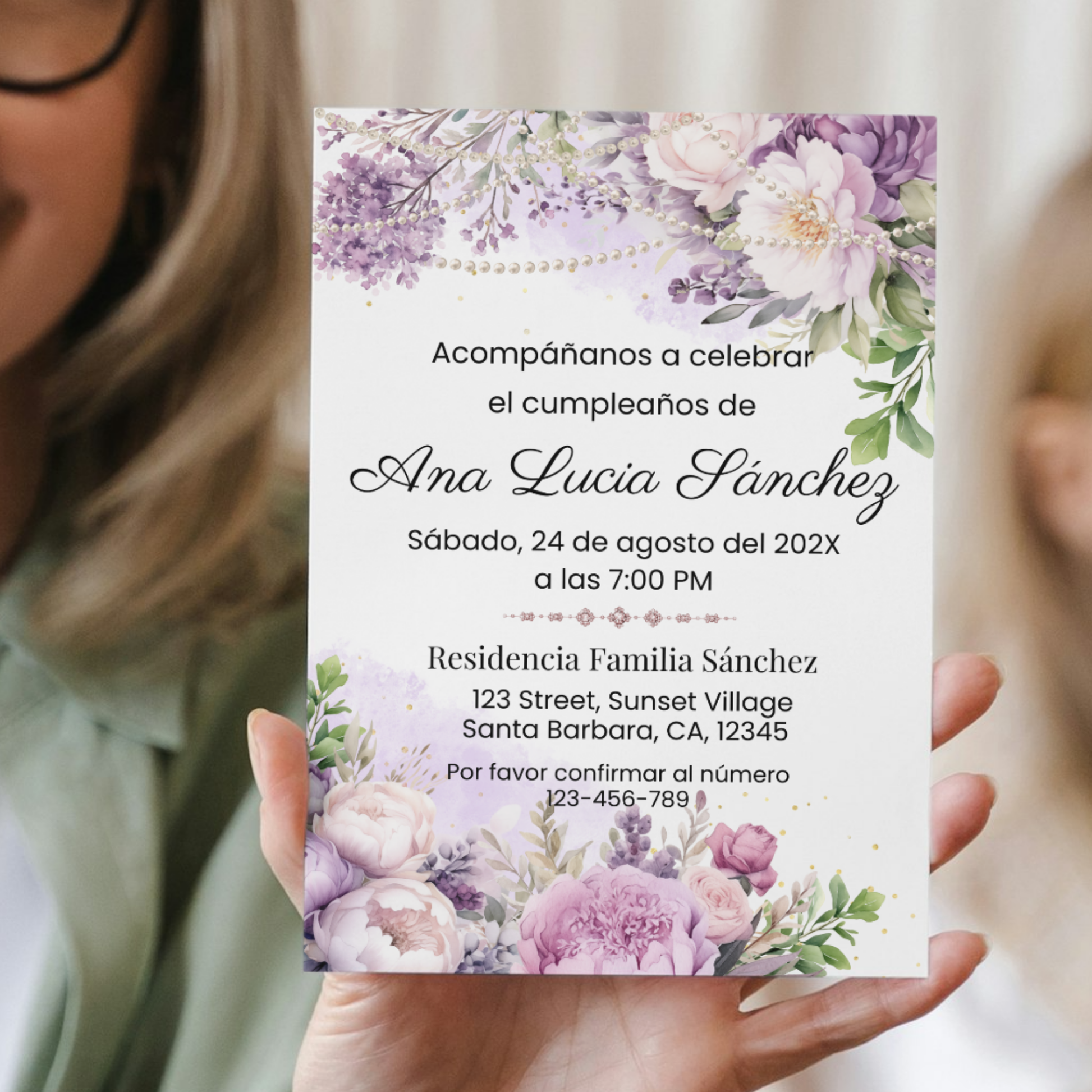 Spanish Purple Floral and Pearls Birthday Invitation