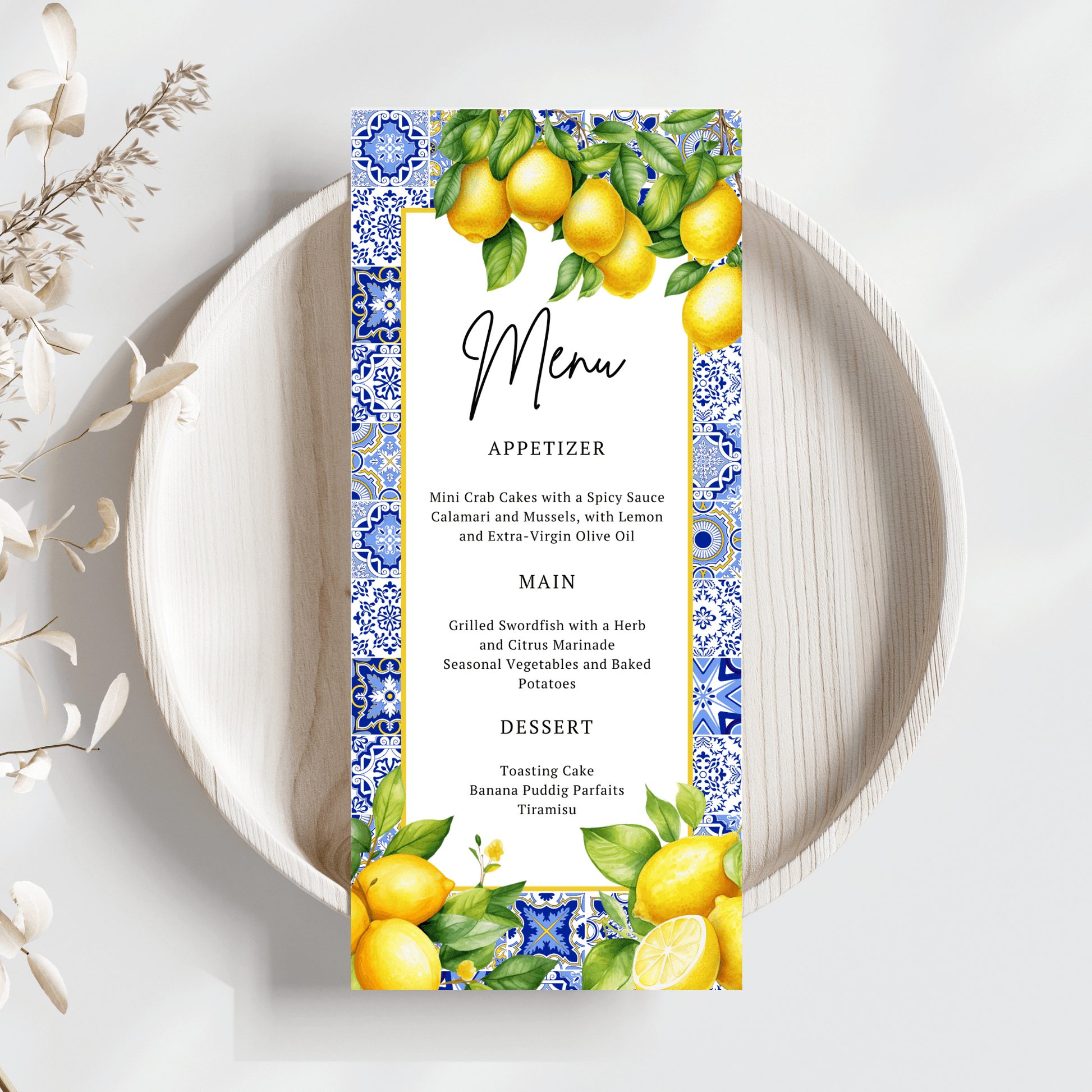Mediterranean Citrus Lemon Menu Card Template