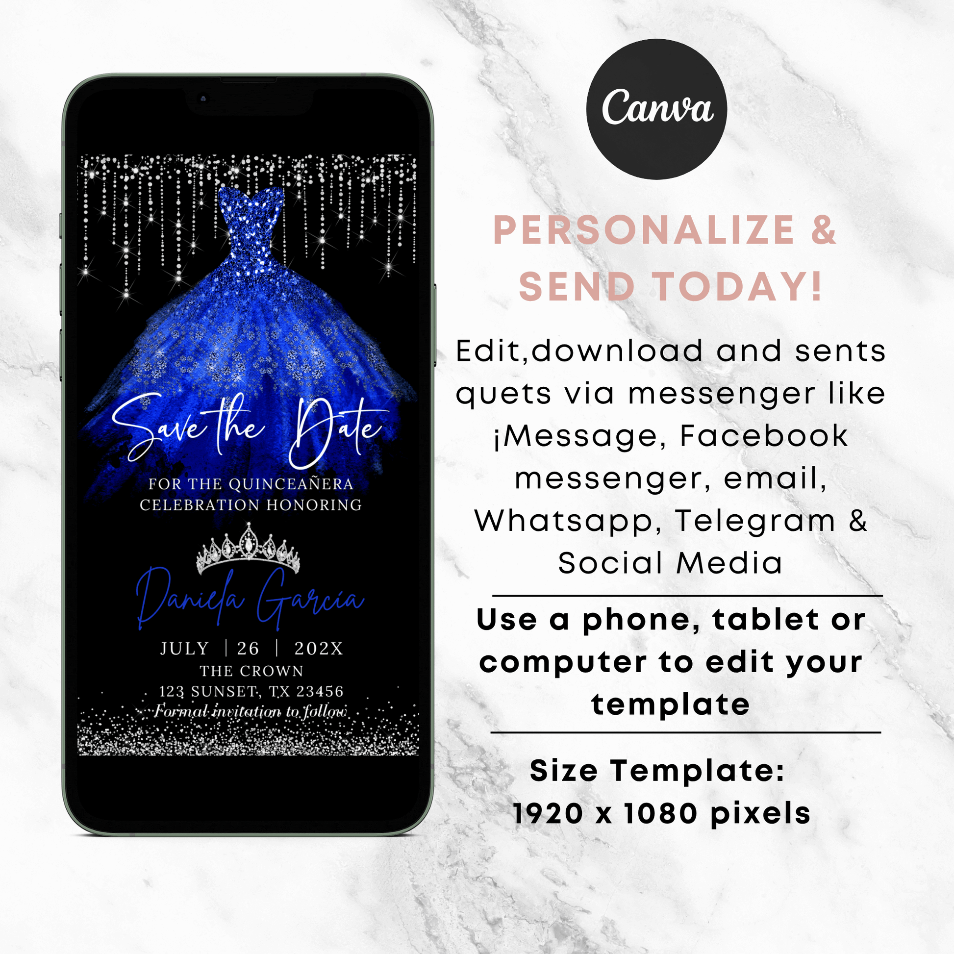 Editable Royal Blue Quinceanera Save the Date Template