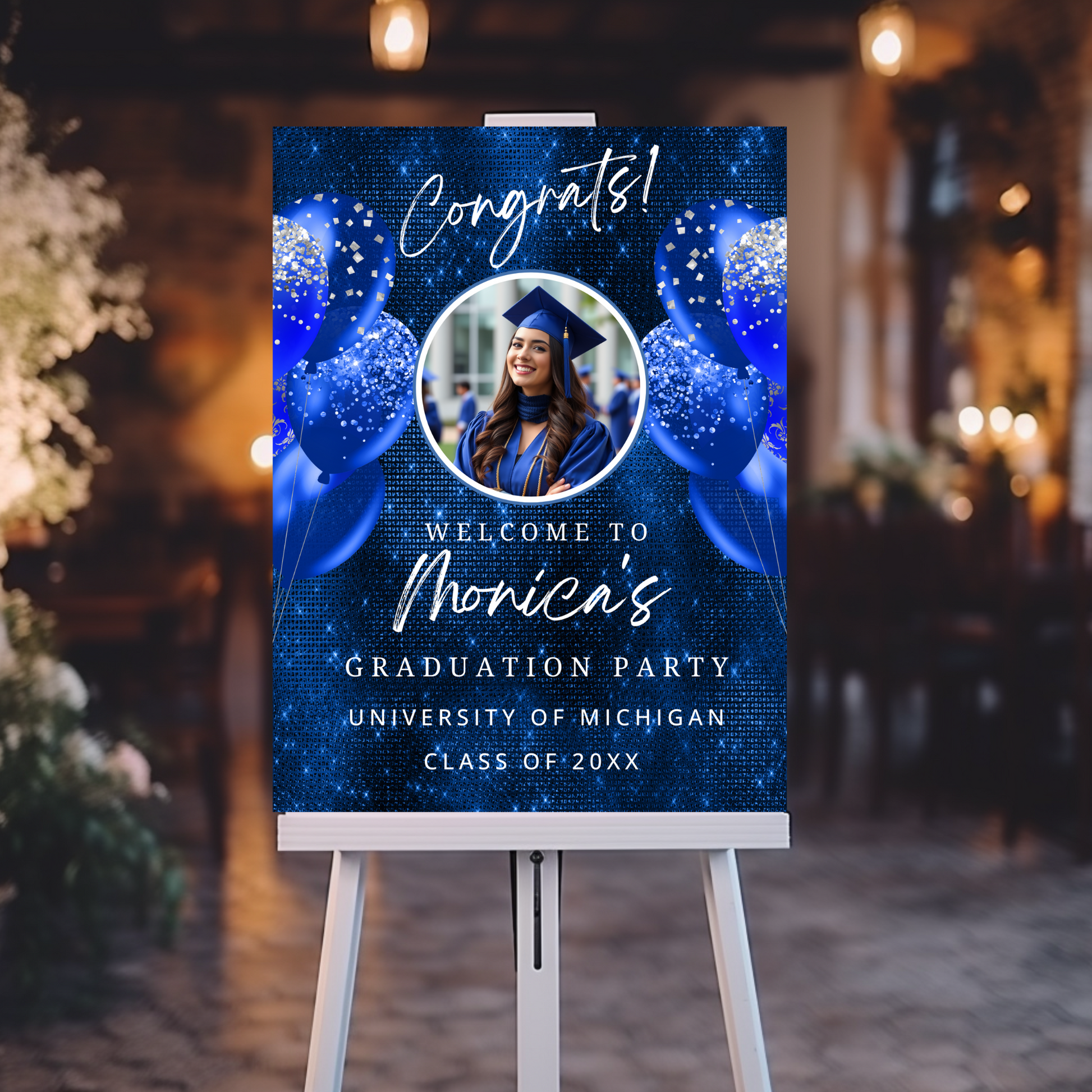 Vibrant Royal Blue Graduation Sign with photo