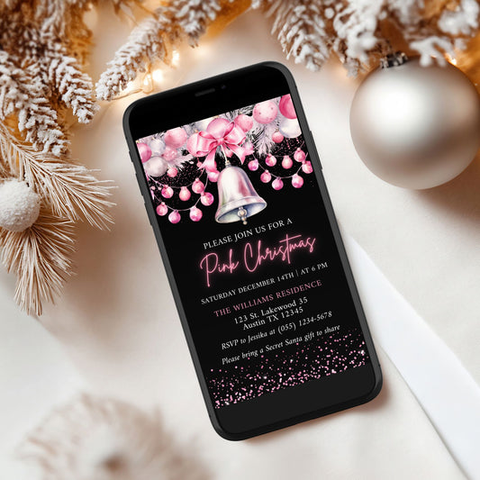 Phone displaying a 'Pink Christmas' invitation with festive decorations on a holiday-themed background.