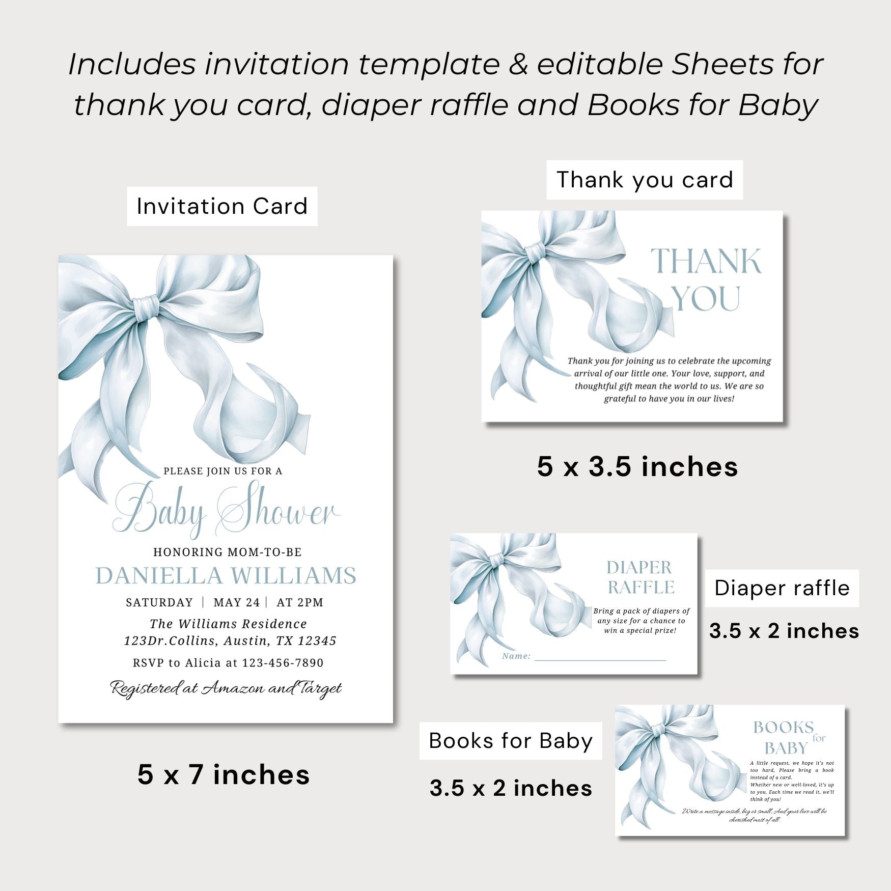 Baby shower invitation set with editable sheets for thank you card, diaper raffle, and books for baby.