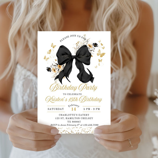 Elegant Black Bow Coquette 15th Birthday Invitation Template