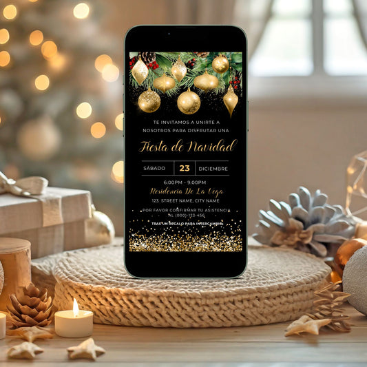 Phone displaying a Spanish Gold Christmas invitation with festive decorations on a table with lights and gifts in the background