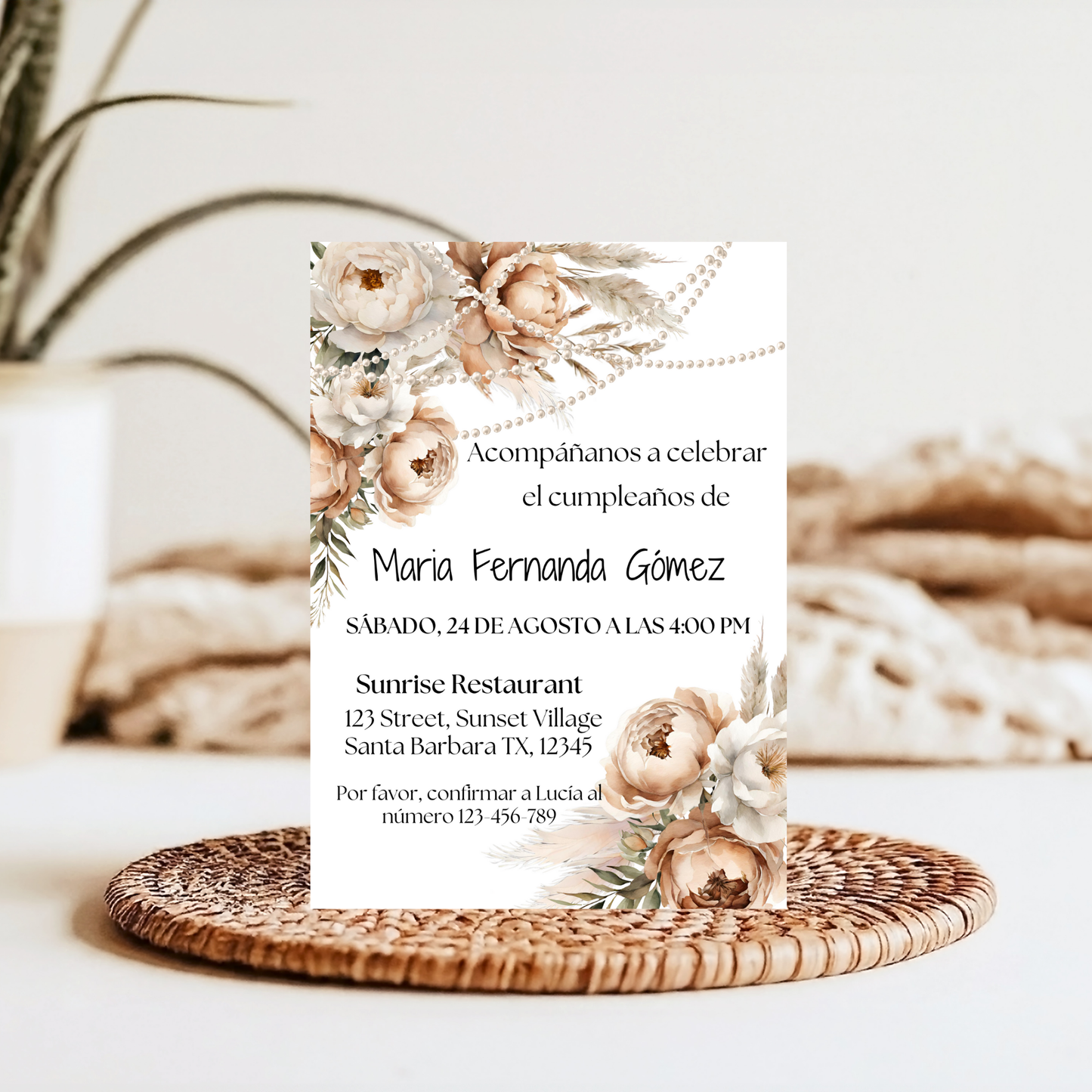 Elegant Spanish Boho and Pearls Birthday Invitation