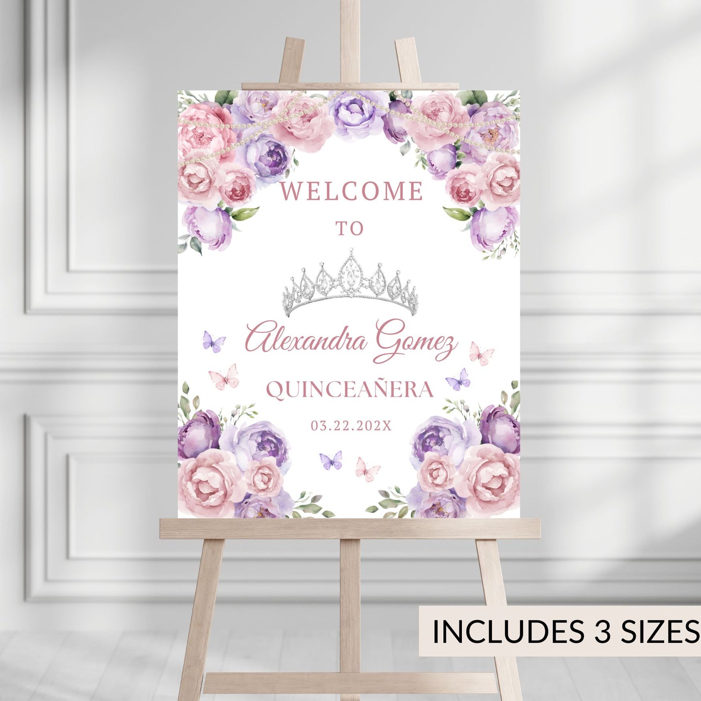 Decorative sign for a Quinceanera with floral design and tiara on an easel.