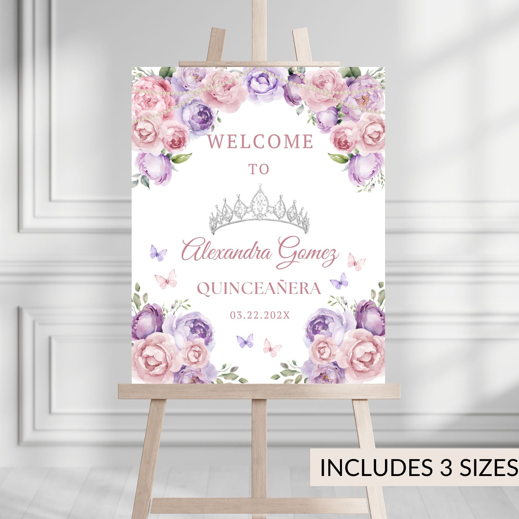 Decorative sign for a Quinceanera with floral design and tiara on an easel.
