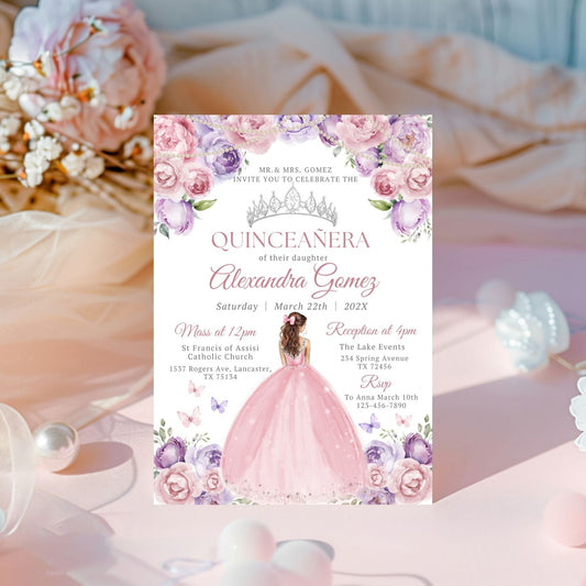 Quinceañera invitation card with floral design and pink gown on a decorative background