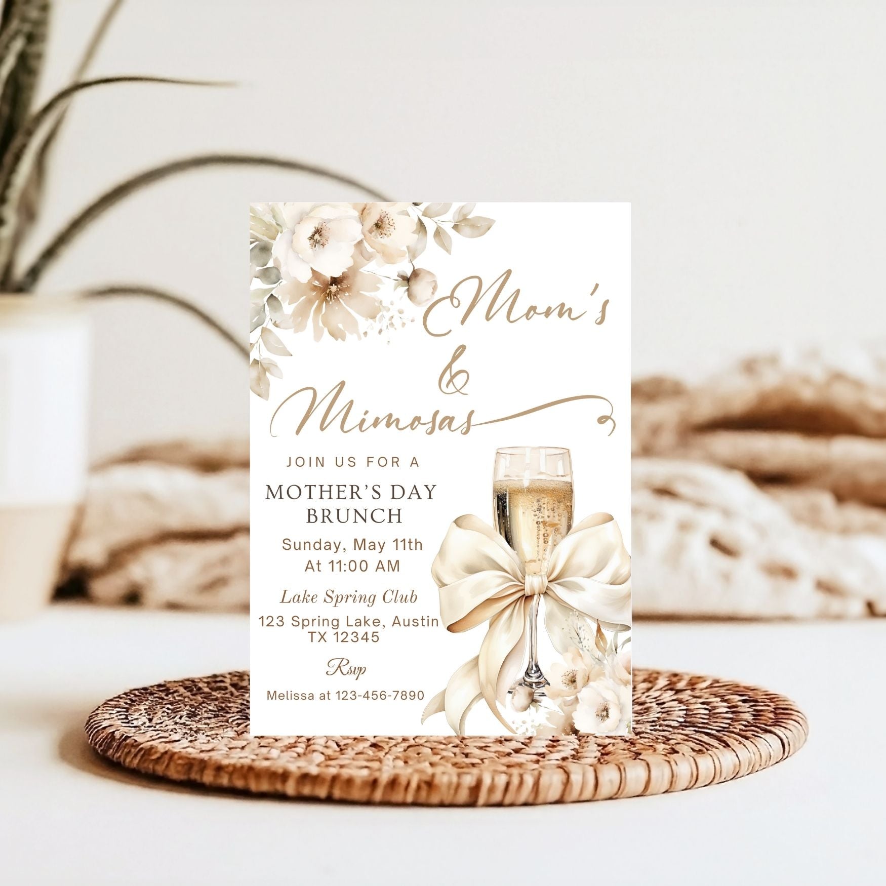 Elegant Mother's Day Brunch Invitation with Bow and Champagne