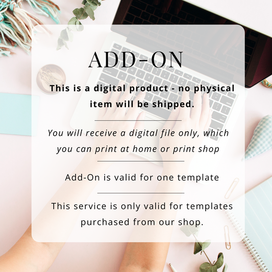 Laptop on a desk with text overlay about digital product add-ons.