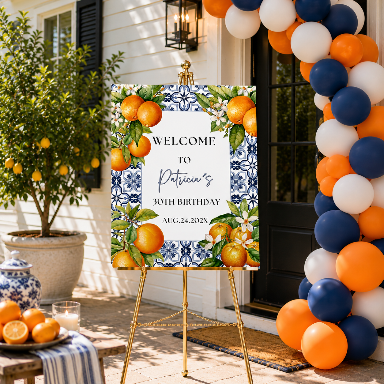 Mediterranean Citrus Birthday Welcome Sign Template featuring oranges and floral design at a birthday celebration.