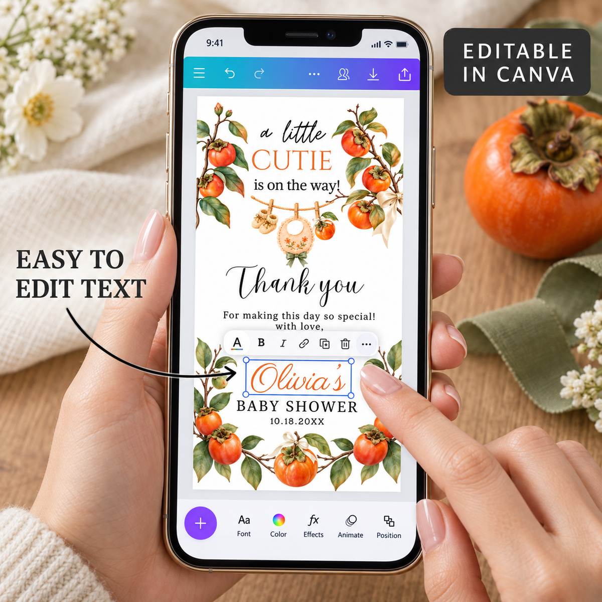 A Little Cutie Persimmon Baby Shower Thank You Gift Tag being edited on a phone with persimmons and greenery.