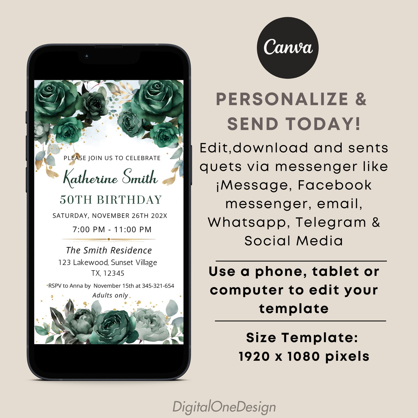 Elegant Emerald Green Floral Birthday Invitation