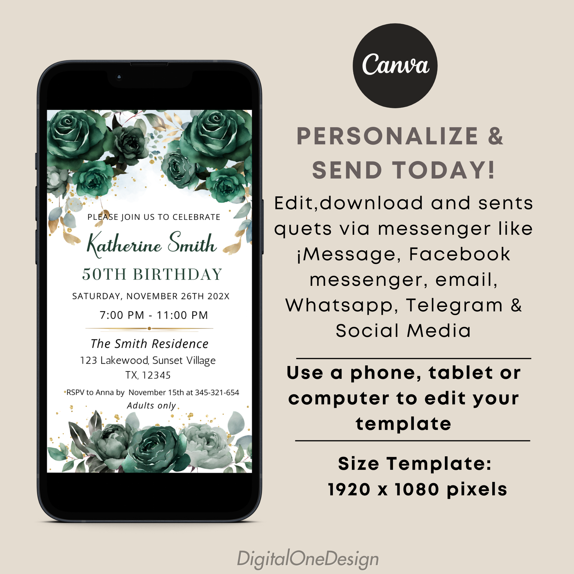 Elegant Emerald Green Floral Birthday Invitation