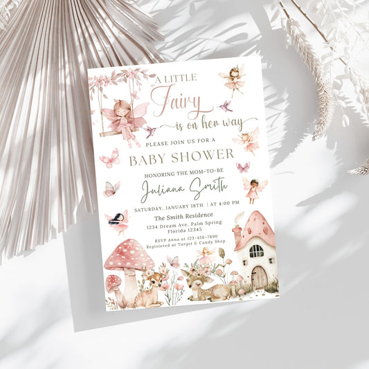Baby shower Girl invitation with fairy-themed design on a white background