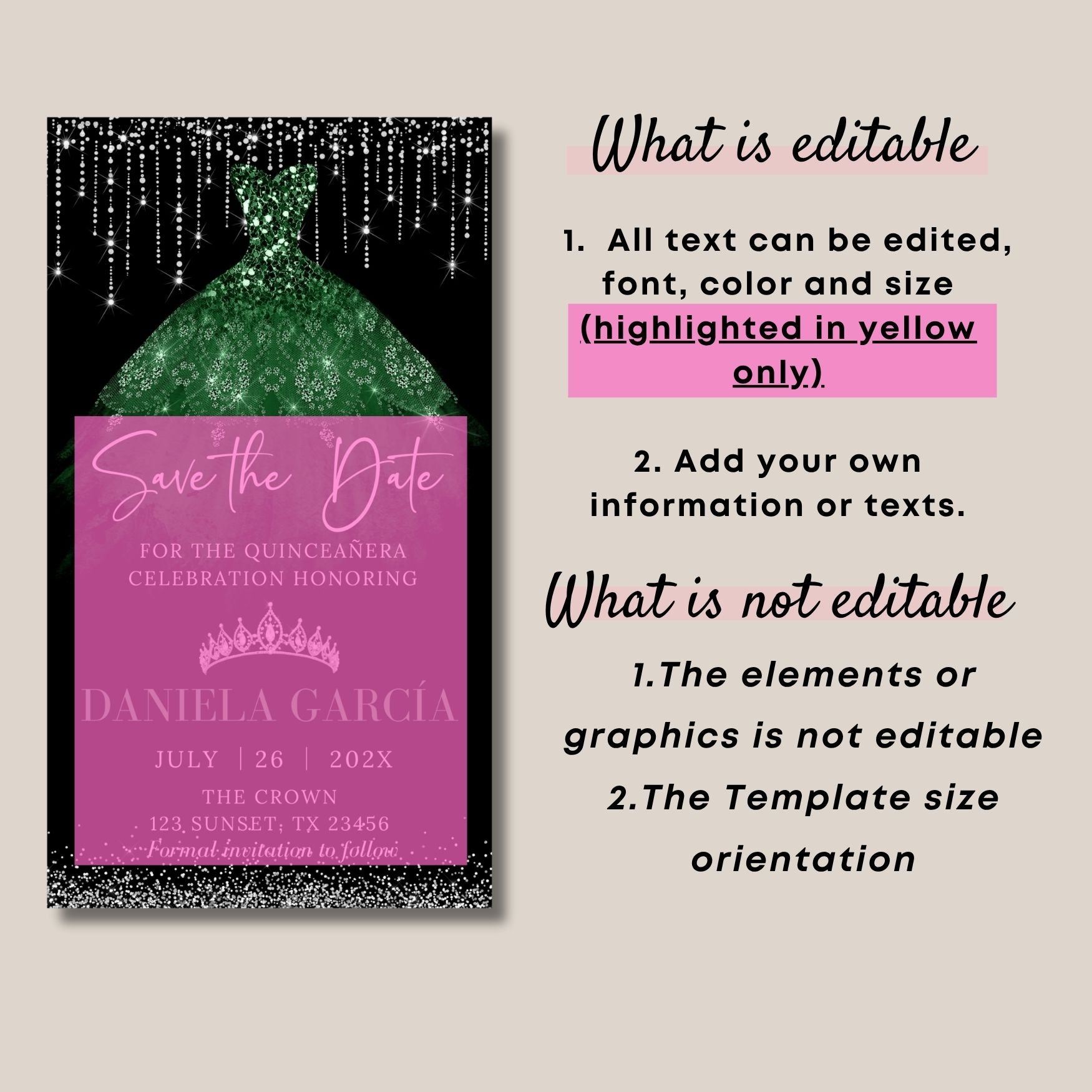Quinceanera save the date card with Emerald green glittery dress and pink text on a beige background.