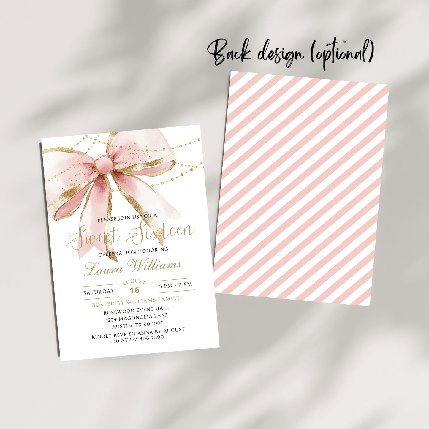 Elegant Coquette Pink Gold Bow Sweet Sixteen Invitation