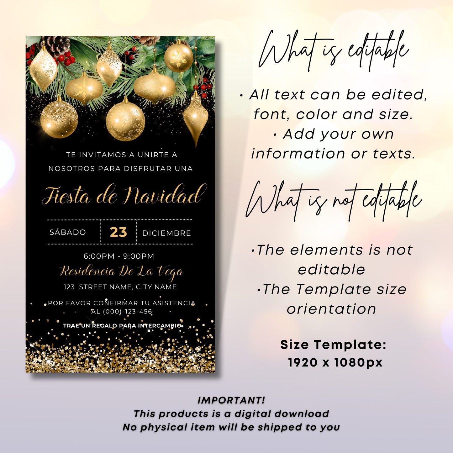Editable Spanish Christmas party invitation card with gold ornaments on a black background, text overlay explaining editable and non-editable elements.